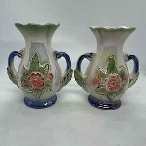 Vintage Pair of Double Handled Lusterware Floral Vases. Made in Brazil